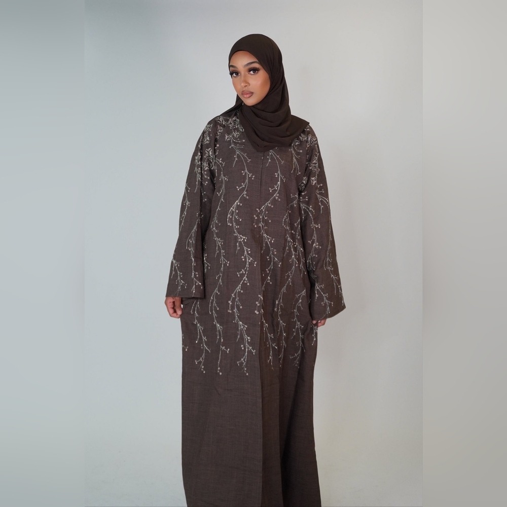 Chic Embroidered Brown Linen Open Abaya